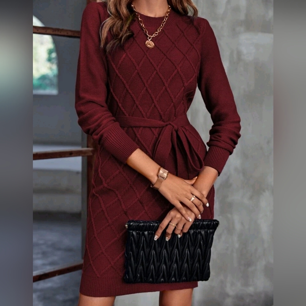 New Chic Textured Argyle Knit Sweater Dress Belt Long Sleeve Burgundy Red - Picture 5 of 9